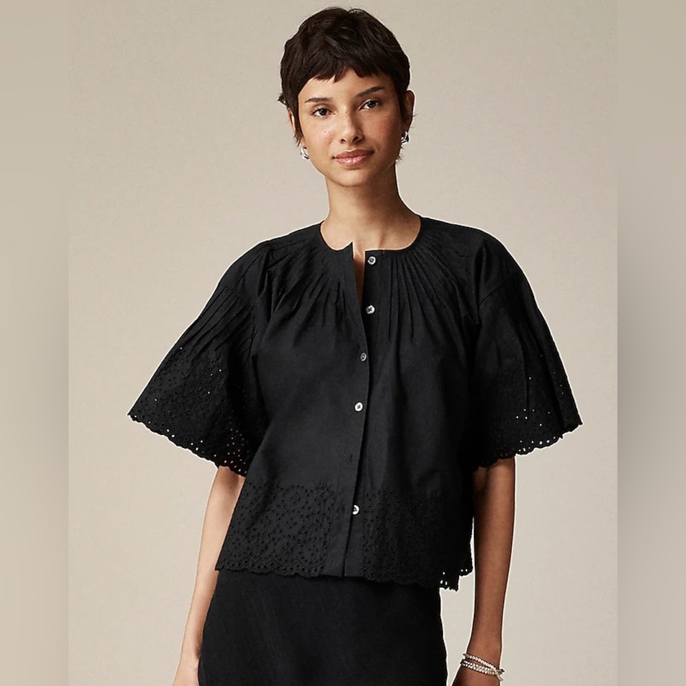 J Crew Jolie Top Black Eyelet Cotton Poplin